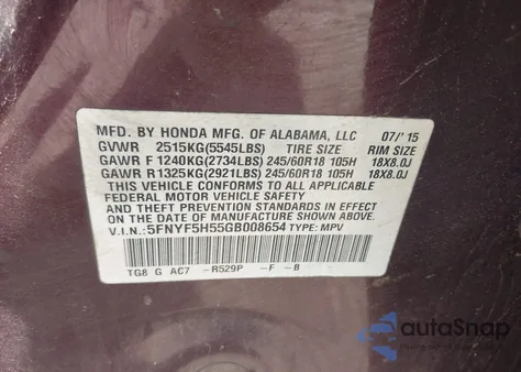 2016 Honda Pilot Ex-L from USA, damaged, VIN 5FNYF5H55GB008654